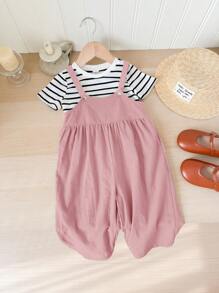 Baby Girl Striped Short Sleeve Top And Overall Jumpsuit, Spring/Summer Outfit