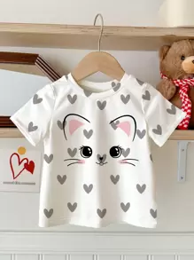 SHEIN 可爱猫咪印花，女婴休闲简约短袖圆领上衣，适合夏季 - 白色 - 查看 2