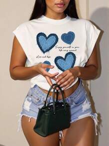 Slaydiva 休闲简约百搭心形和字母牛仔效果印花加大码 T 恤，略微透明，适合夏季