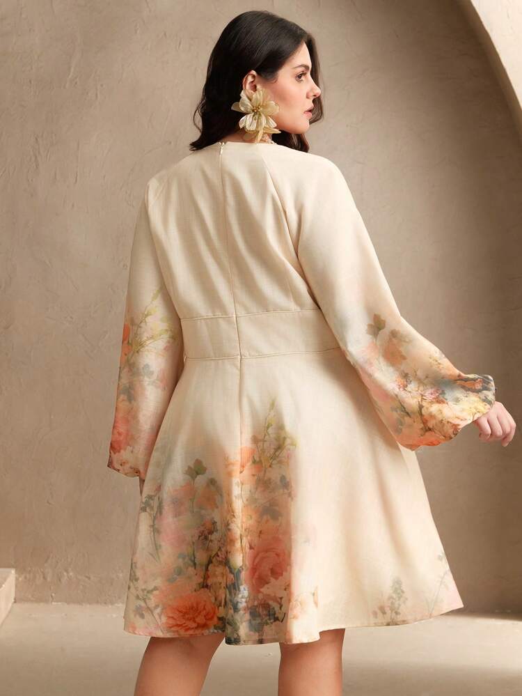 Deep V-Neck Faux Linen Floral Print Lantern Sleeve Dress, Sexy Elegant Festival Outfit, Suitable For Spring, Valentine's Day, Date Night