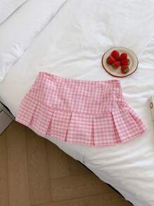 SHEIN Comfortcana Spring Break Plaid Print Mini Pleated Skirt - Pink - View 5