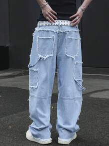 Manfinity EMRG Men's Light Wash Denim Long Jeans With Zipper Details And Frayed Panel Design - Light Wash - View 2