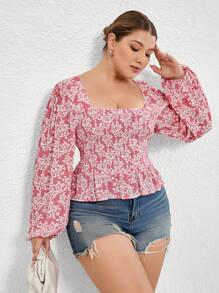 Aveloria Rosie 2025 Spring/Summer Versatile Ditsy Floral Puff Sleeve Design Fitted Slim Romantic Countryside Style Plus Size Women Blouse Boho Vacation Fashionable Style All Over Print - Pink - View 4