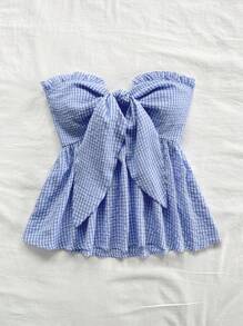Soleia Nueva blusa sin tirantes con volantes en el dobladillo y lazo delantero a cuadros, azul y blanco, estilo vacacional