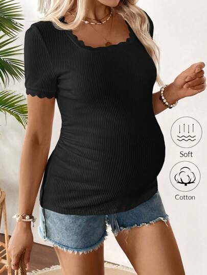 SHEIN Maternity Vacation Casual Solid Color Slim-Fit Short Sleeve T-Shirt