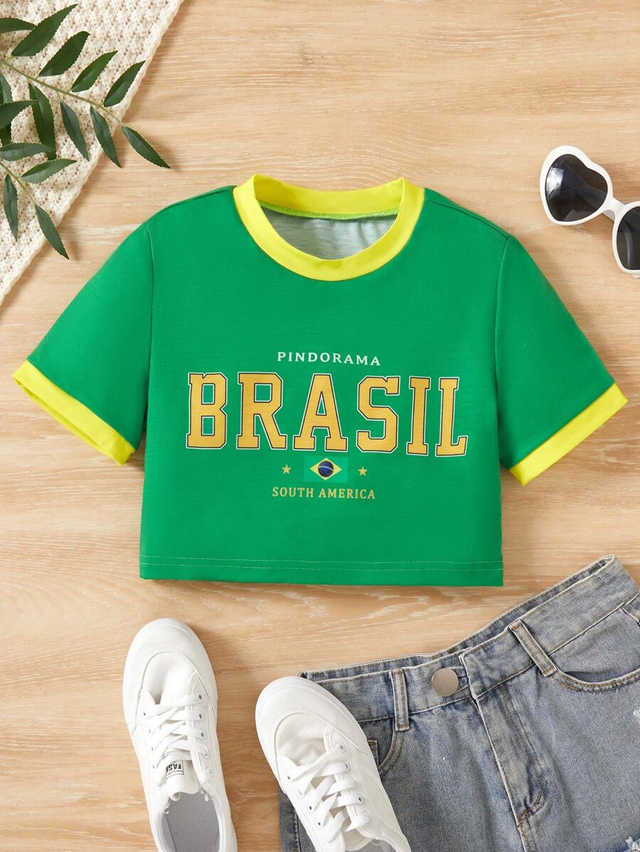 Sparklyn Tween Girl Casual Basic Brazil Slogan Football Sports Event Crop T-Shirt,Holiday,Summer,Travel - Green - View 1