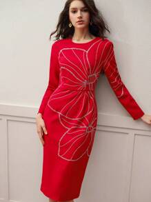 MOTF PREMIUM 亮片刺绣开衩下摆连衣裙 - 紅色 - 查看 6