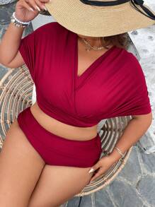 Swim Lushoire Plus Size Satin Shine Halter Style Bikini Top, Suitable For Vacation, Elegant Party For Summer - Burgundy - View 11