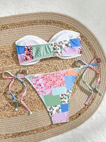 SHEIN Swim 2 件套复古花卉装饰抹胸可爱泳装套装