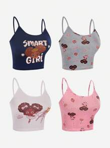 4pcs/Set Tween Girls Underwear,Cute Cami Top With Fairy Wand Design,Soft Breathable Fabric,White,Winter,Cute - Multicolor - View 1