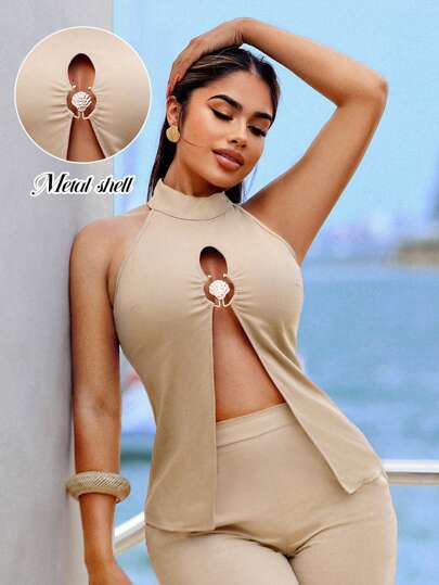 SHEIN SXY Women's Sexy Solid Color Front Slit Halter Neck Blouse For Vacation,Vacation Outfits Woman,Summer Outfits For Women,Summer Tops For Women,Green,Beach Outfits For Woman,Going Out Tops,Cruise Attire,Khaki