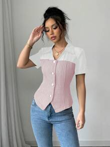Calvaya Tweed Paneled Design Pearl Silver Edged Button Elegant Commuter Style Women Blouse Top