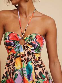 Travachic 女式度假休闲热带植物印花挂脖系腰镂空 A 字连衣裙 - 彩色 - 查看 5
