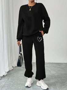 SHEIN LUNE 女士时尚休闲黑色爱心印花运动抽绳运动裤