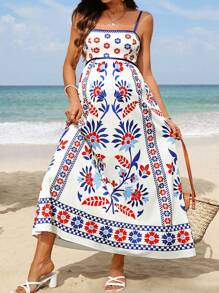 SHEIN 孕妇优雅而优雅的细肩带露背 Selenipedium & Azalea 花卉印花夏季吊带连衣裙 - 彩色 - 查看 1