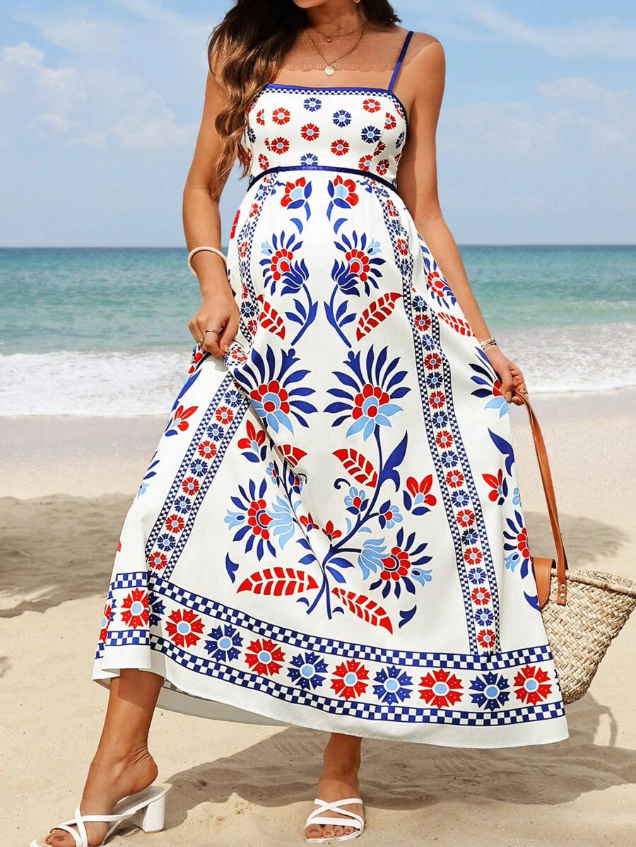 SHEIN 孕妇优雅而优雅的细肩带露背 Selenipedium & Azalea 花卉印花夏季吊带连衣裙 - 彩色 - 查看 1