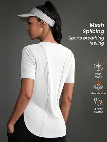 Powerista Camiseta deportiva casual de unicolor con abertura lateral y manga corta para mujer