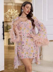 SHEIN 2pcs Set: Feather Decor Mesh Floral Print Camisole Nightgown And Robe - Baby Pink - View 3