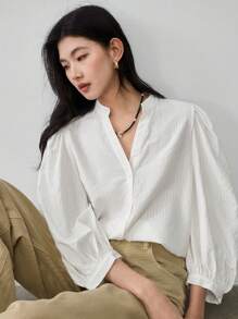 Dazy-Less Women's Casual Loose Minimalist Puff Sleeve Small Collar Business Blouse Old Money Style - White - View 1