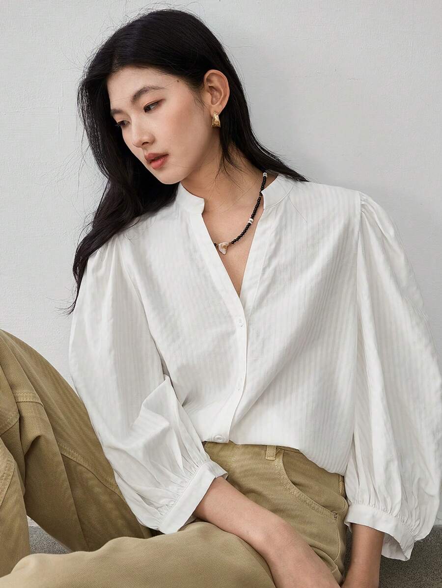 Dazy-Less Women's Casual Loose Minimalist Puff Sleeve Small Collar Business Blouse Old Money Style - White - View 1