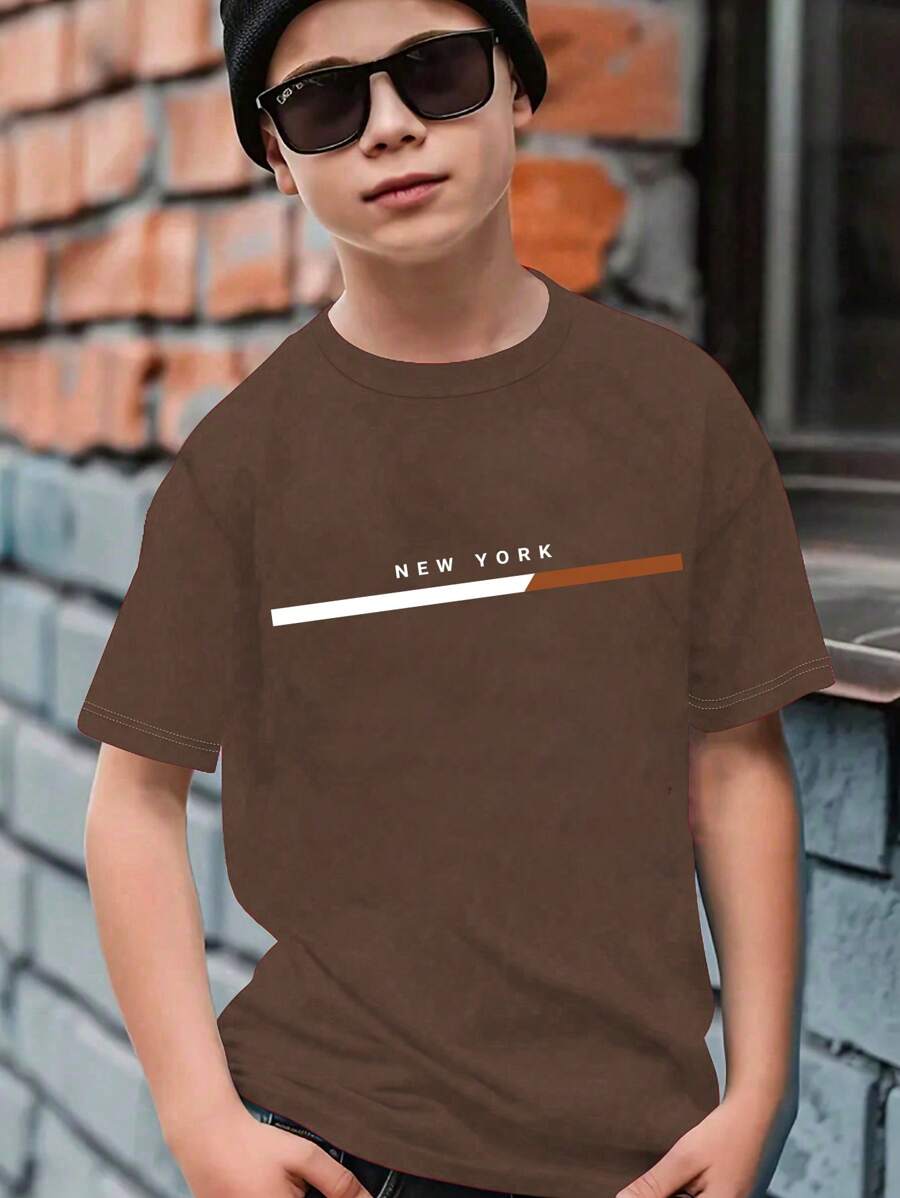 SHEIN Tween Boy Casual Simple Letter Print Short Sleeve T-shirt For Spring And Summer - Coffee Brown - View 1