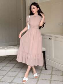 Vestido elegante y minimalista de unicolor con mangas abullonadas, vestido de cóctel de verano, vestido casual para mujer - Rosa Pálido - Ver 6