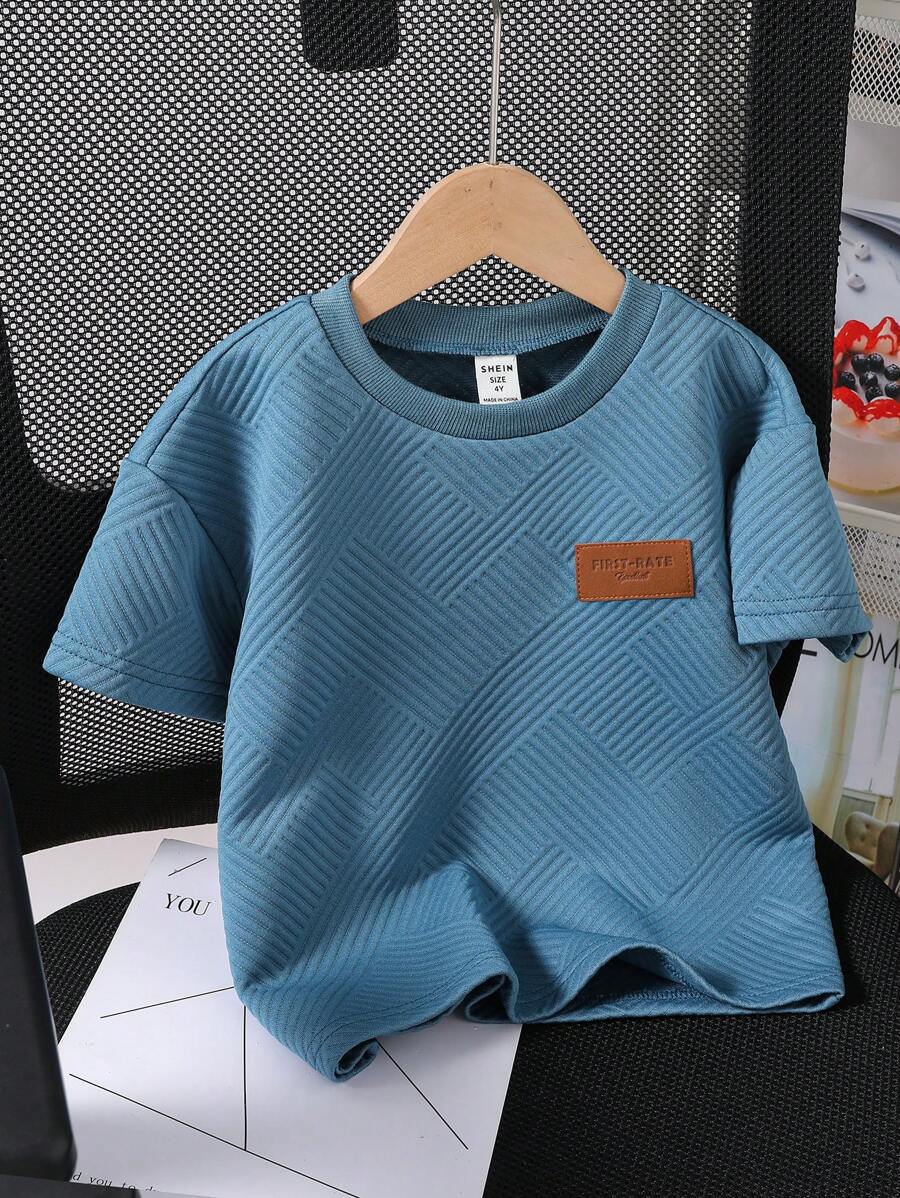 年轻男孩字母印花装饰圆领短袖休闲 T 恤 - 藍色 - 查看 1