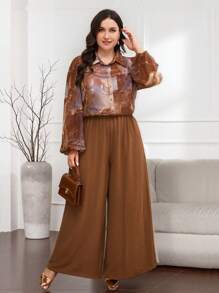 Lacomfia Plus Size Women Arabic Style Tie-Dye Print Lantern Sleeve Shirt And Pants Set