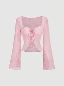 SHEIN MOD Women's Pink Ditsy Floral Mesh Bell Sleeve Blouse, Spring Top,Vacation Outfits Woman - Pink - View 1