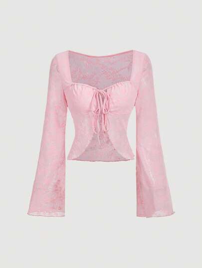 SHEIN MOD 女士粉色碎花网眼喇叭袖衬衫，春季上衣，度假装