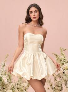 Glamine Champagne Color Mini Dress With Bowknot Detail, Corset Design, Puff - Champagne - View 6