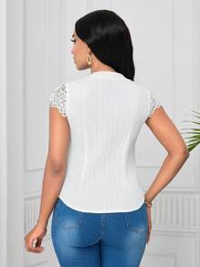 Lunelith SHEIN Lunessa 优雅蕾丝与波浪条纹图案短袖女式衬衫
