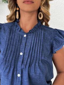 EMERY ROSE 2pcs Fashion Casual Retro Pleated Ruffle Flute Sleeve Set - Navy Blue - View 3