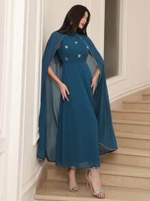 Modelyn Women's Elegant Party Rhinestone Decorated Cape Long Dress - Blue - View 3