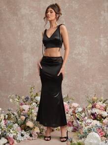 L'Amorae 2 Pieces Set For Women: Lace Trim V-Neck Stretchy Tank Top + Stretchy Color Blocking Lace Splicing Long Midi Skirt - Black - View 5