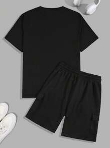 RueChic Men Letter Printed Cargo Pockets Regular T-Shirt Set - Black - View 2