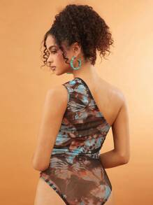 SHEIN Unity Dark Brown Summer Seductive Club Night Bodysuit Festival Asymmetrical Mesh Elegant Women's Vacation Music Festival Outfits,Brunch Christmas NYE Outfit - Multicolor - View 2