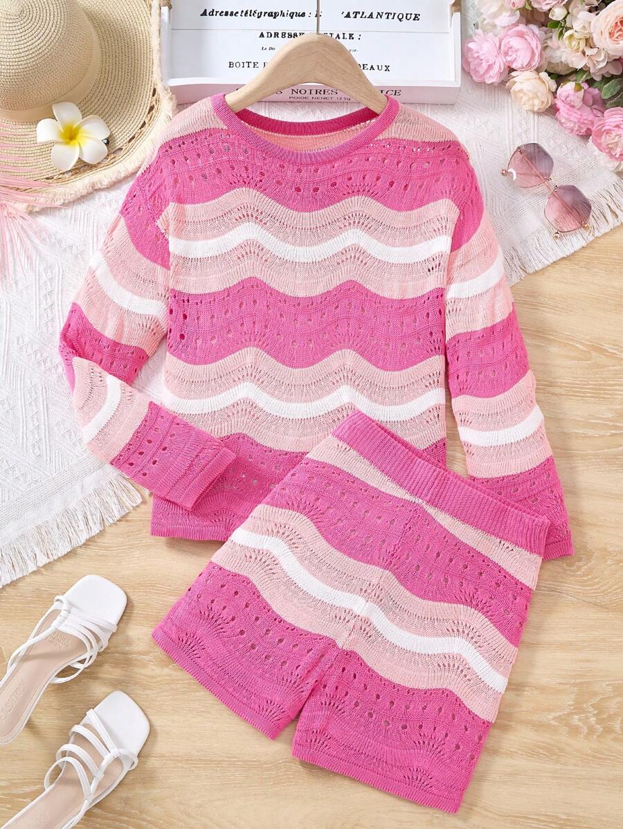 Bộ áo sọc móc rỗng cổ tròn dài tay màu hồng cánh sen và quần short cho bé gái tuổi teen - Màu Hồng Tươi - Xem 1