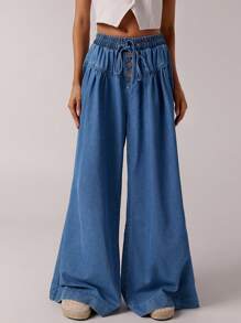 Forever 21 Women's Tie Waist Loose Wide Leg Casual Versatile Jeans - Blue - View 4
