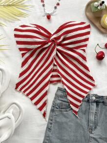 Soleia 全新不对称下摆防滑条纹扭纹设计女式上衣 - 紅白色 - 查看 5