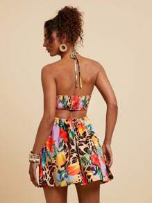 Travachic 女式度假休闲热带植物印花挂脖系腰镂空 A 字连衣裙 - 彩色 - 查看 2