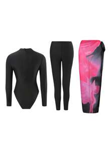 Swim Shayni 3pcs Women Summer Beach Outfits: Zipper Front Long Sleeve Swimsuit Top, Bottoms And Patterned Beach Dress Cover Up, Modest Resort Bikini Set - Black - View 3