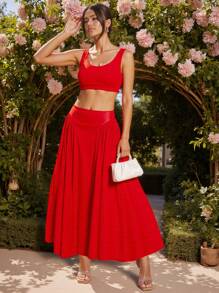 Charllene Santos Designer Red Solid Sleeveless With Wide Straps Square And Deep Neck Crop Top, Festival - Red - View 7