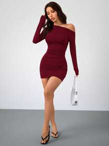 SHEIN PETITE 女士纯色夏季长袖简约短款休闲连衣裙秋装秋季女装秋季女装不对称连衣裙冬装 - 酒紅色 - 查看 2