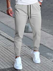 Manfinity Homme Men's Solid Color Drawstring Waist Pockets Jogger Pants, Casual Pants, Fall - Light Grey - View 3