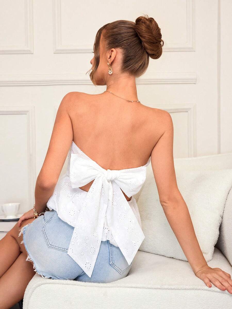 SHEIN VCAY Women's Off-Shoulder Ruched Babydoll Top, White Butterfly Back Design, Suitable For Wedding Season, Spring/Summer - White - View 1