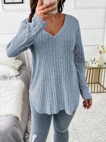 EMERY ROSE 大码纯色 V 领罗纹长袖 T 恤