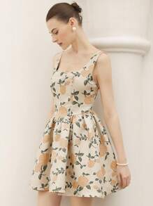 Aveloria Rosie 全新法式复古优雅端庄青春女装公主清新精致提花面料宽领腰部 V 形开叉收腰喇叭下摆迷你无袖连衣裙 - 彩色 - 查看 2