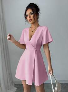 Gloray Vestido corto cruzado de mujer con manga corta, volantes y estampado de mariposa en color albaricoque - Rosa - Ver 4