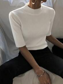 DAZY Women's Semi-Turtleneck Fitted Cropped 3/4 Sleeve Knit Pullover Sweater Fall - White - View 6